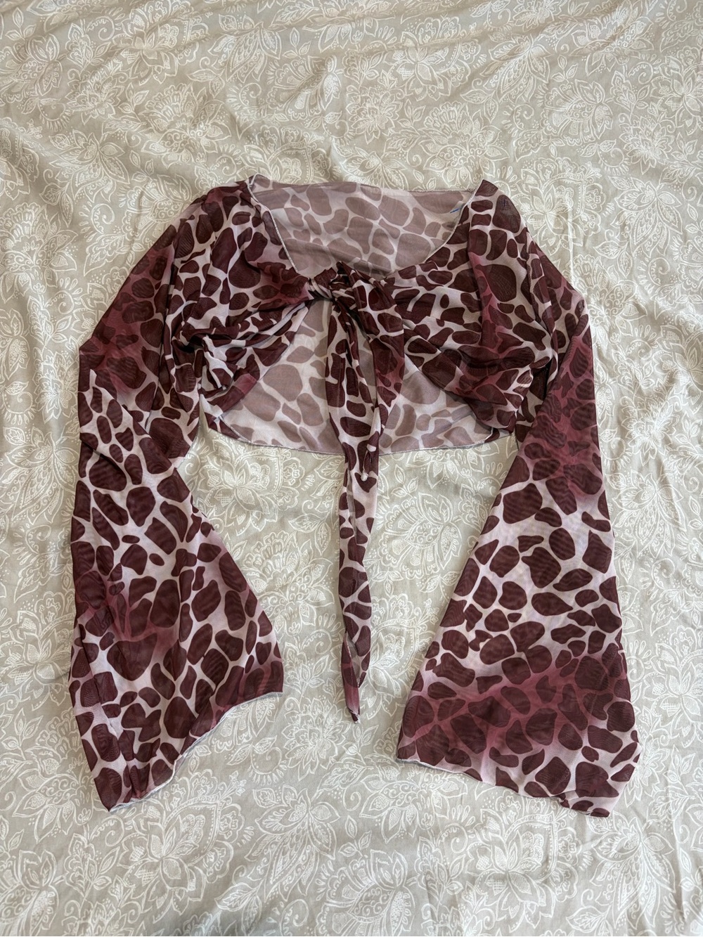 Tie-Front Sheer Giraffe Print Bolero - Burgundy medium runs small Good condition